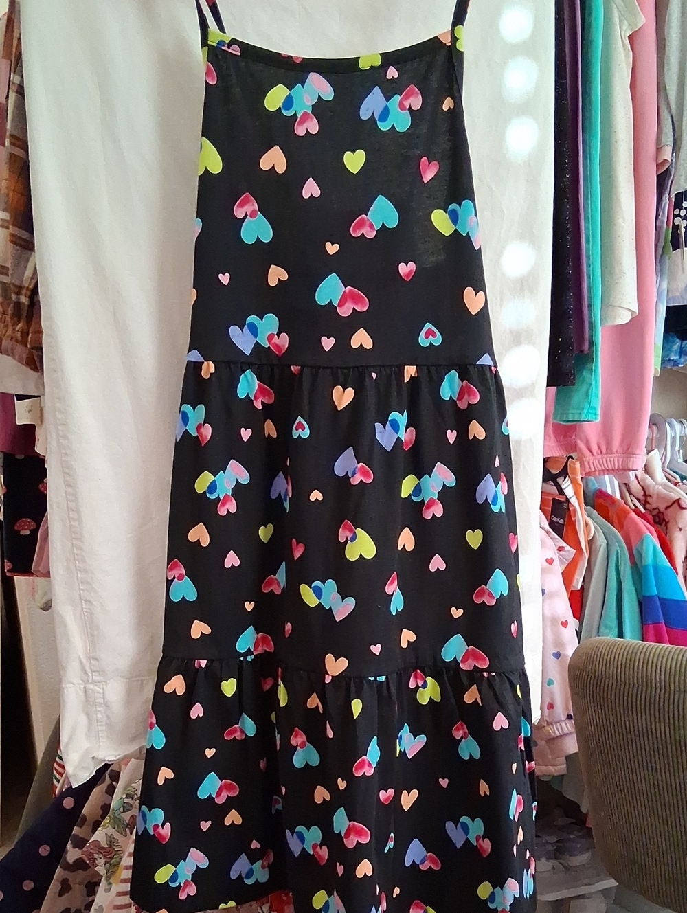 Place Black Tiered Dress with Multicolor Heart Print